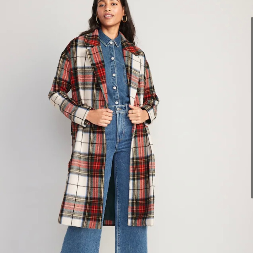 Old Navy Long Slouchy Double-Breasted Coat for Women 2X White Tartan NWT
